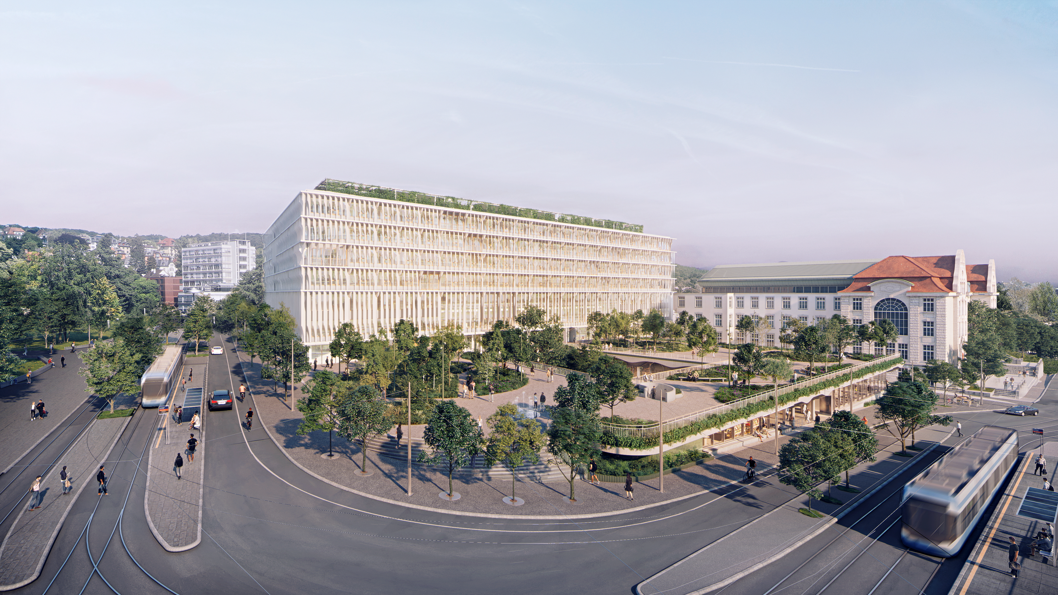 Blick vom Kollegiengebäude der UZH: Es entsteht ein zentraler Platz mit grossen Bäumen im Herzen des Hochschulquartiers. (Bild: Herzog & de Meuron)