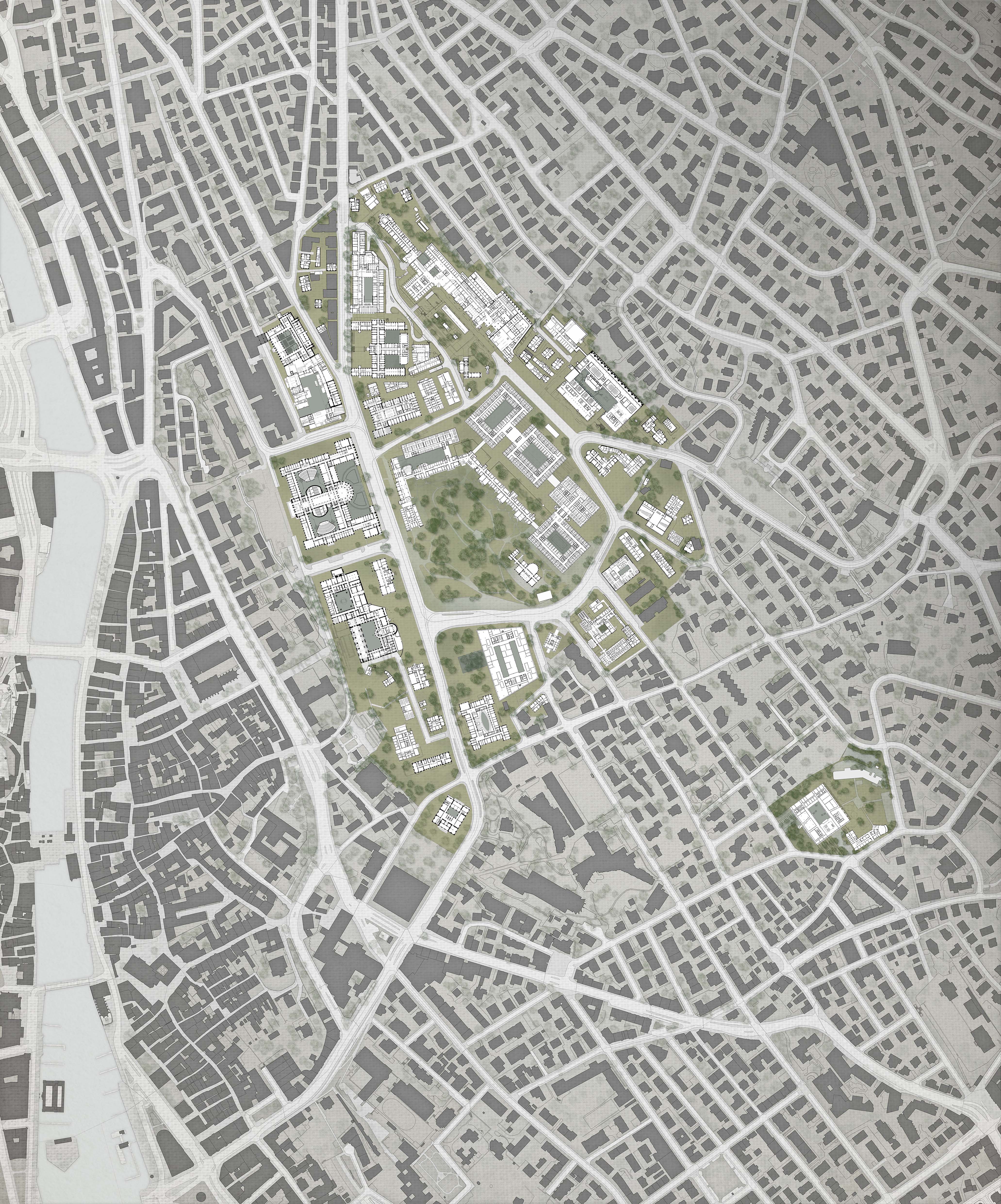 Die stätebauliche Setzung des neuen Gebäudes im Gelände, Massstab 1:500 (Quelle: ARGE Boltshauser Architekten GmbH/Drees und Sommer Schweiz AG).