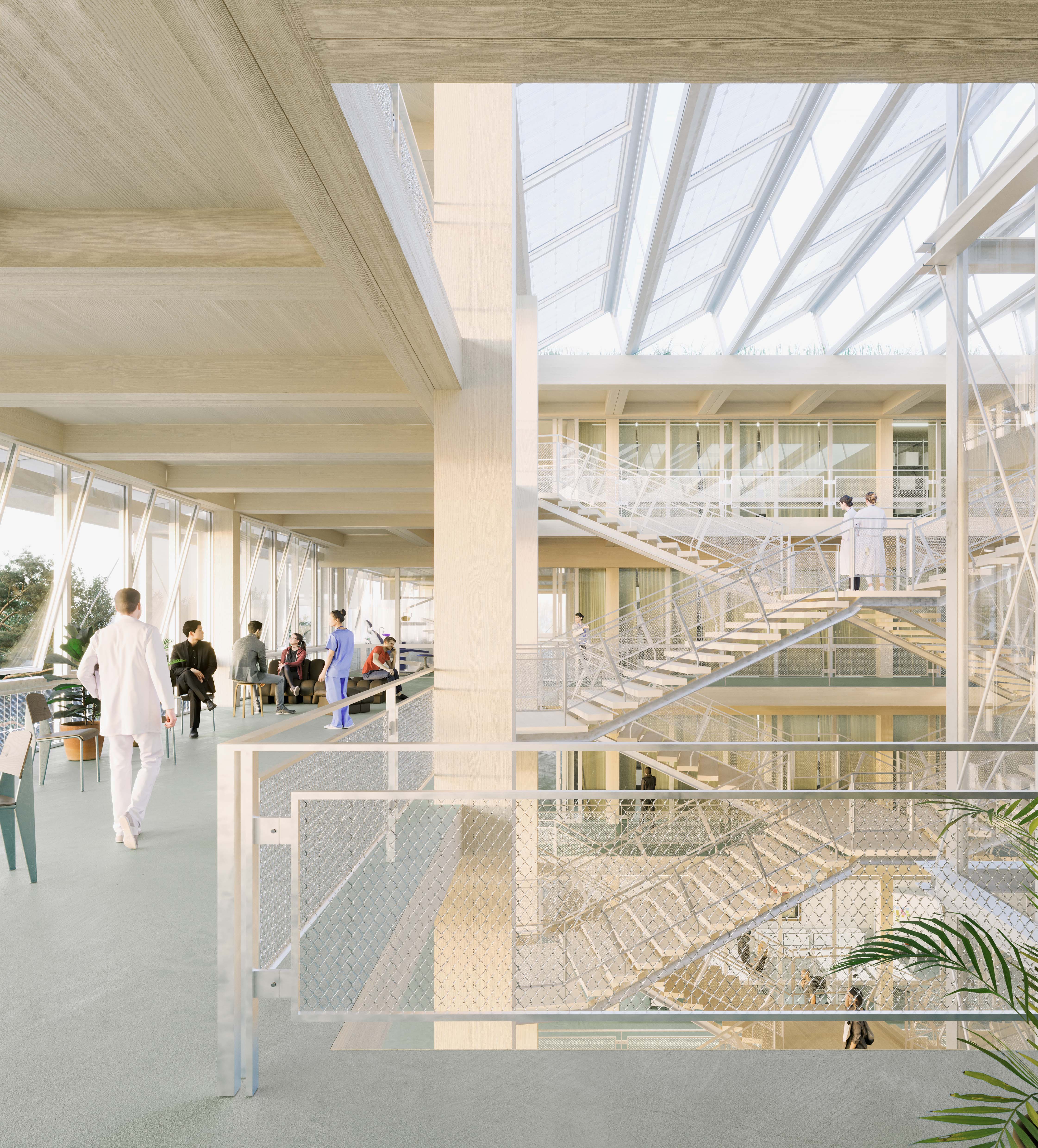 Ansicht Atrium mit Treppenhaus und Sitzgelegenheiten (Quelle: studio blomen, Zürich/Drees und Sommer Schweiz AG).